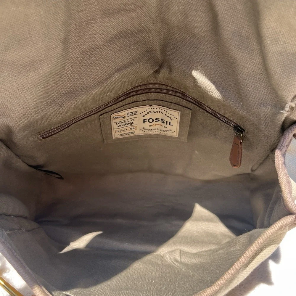 Fossil VRI II Messenger Bag Fabric Flap Tan Top Handle Purse Key Charm Hangtag